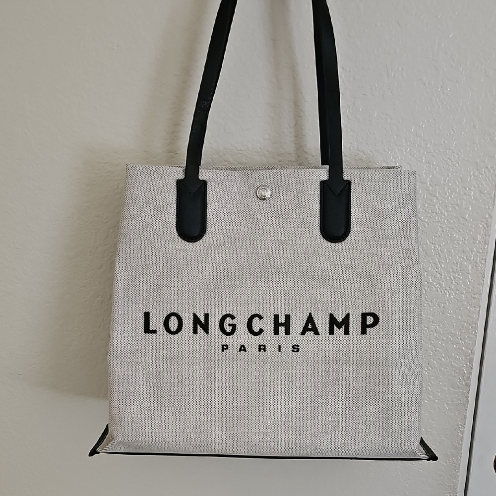 Longchamp Essentials Shopping Tote Beige Black Canvas Leather